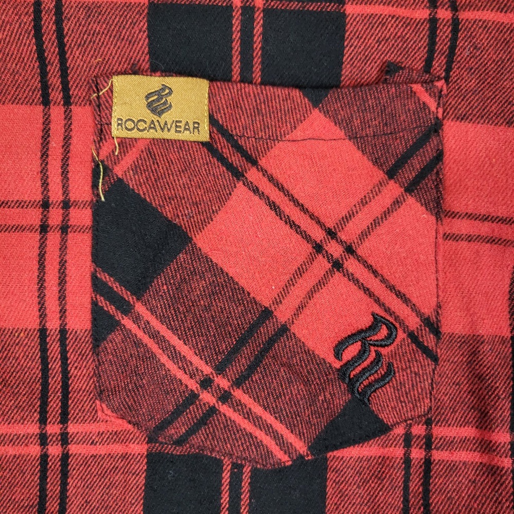 Rocawear Hooded Flannel Shirt Men XL Red Black Excellent Buffalo Plaid Button Up - Picture 5 of 9